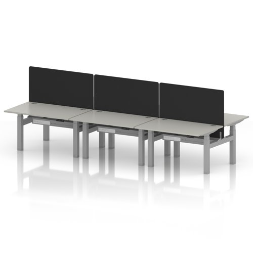 Air Back-to-Back 1200 x 800mm Height Adjustable 6 Person Office Bench Desk Dove Grey Top with Cable Ports Silver Frame with Black Straight Screen
