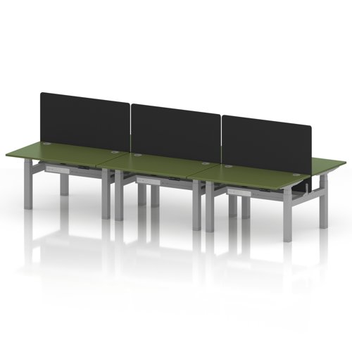 Air Back-to-Back 1200 x 800mm Height Adjustable 6 Person Office Bench Desk Moss Green Top with Cable Ports Silver Frame with Black Straight Screen