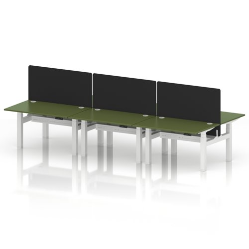 Air Back-to-Back 1200 x 800mm Height Adjustable 6 Person Office Bench Desk Moss Green Top with Cable Ports White Frame with Black Straight Screen