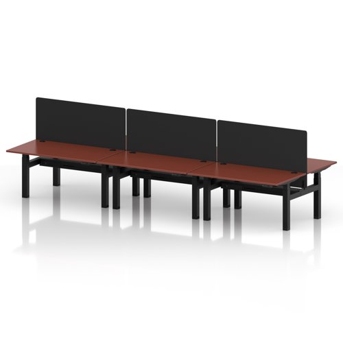 Air Back-to-Back 1400 x 800mm Height Adjustable 6 Person Office Bench Desk Brick Red Top with Cable Ports Black Frame with Black Straight Screen
