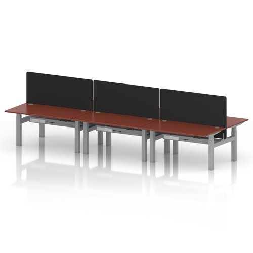 Air Back-to-Back 1400 x 800mm Height Adjustable 6 Person Office Bench Desk Brick Red Top with Cable Ports Silver Frame with Black Straight Screen