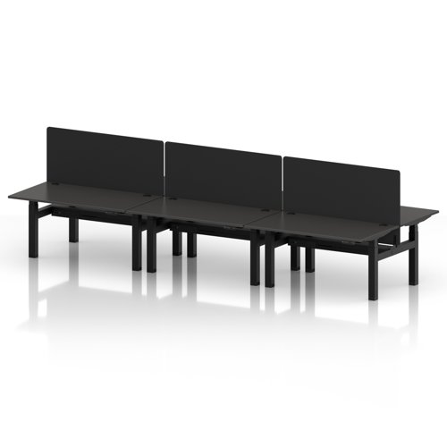 Air Back-to-Back 1400 x 800mm Height Adjustable 6 Person Office Bench Desk Carbon Grey Top with Cable Ports Black Frame with Black Straight Screen