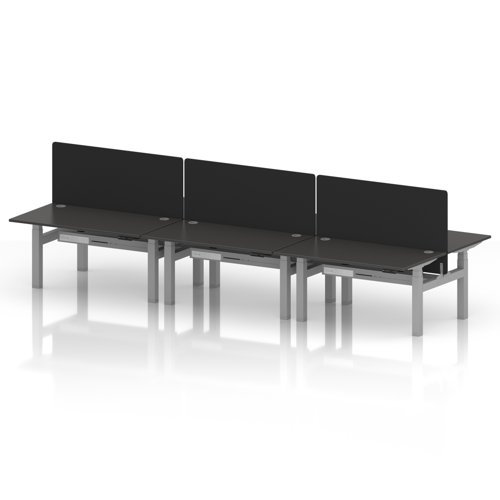 Air Back-to-Back 1400 x 800mm Height Adjustable 6 Person Office Bench Desk Carbon Grey Top with Cable Ports Silver Frame with Black Straight Screen