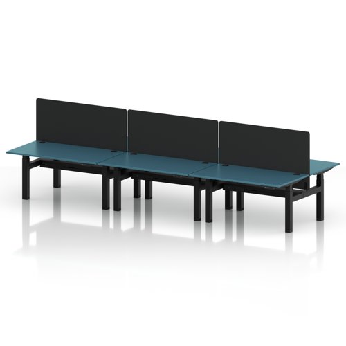 Air Back-to-Back 1400 x 800mm Height Adjustable 6 Person Office Bench Desk Dark Teal Top with Cable Ports Black Frame with Black Straight Screen