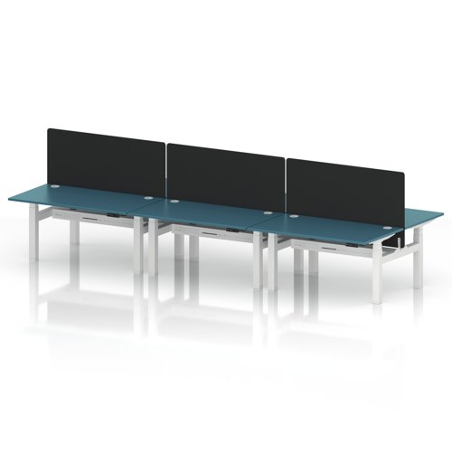 Air Back-to-Back 1400 x 800mm Height Adjustable 6 Person Office Bench Desk Dark Teal Top with Cable Ports White Frame with Black Straight Screen