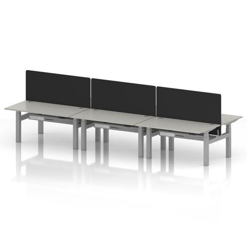 Air Back-to-Back 1400 x 800mm Height Adjustable 6 Person Office Bench Desk Dove Grey Top with Cable Ports Silver Frame with Black Straight Screen
