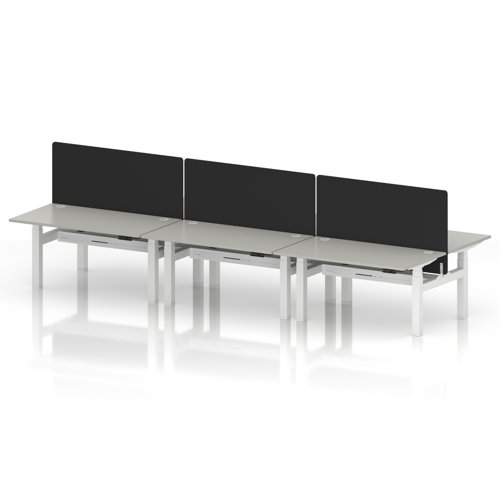Air Back-to-Back 1400 x 800mm Height Adjustable 6 Person Office Bench Desk Dove Grey Top with Cable Ports White Frame with Black Straight Screen