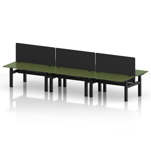 Air Back-to-Back 1400 x 800mm Height Adjustable 6 Person Office Bench Desk Moss Green Top with Cable Ports Black Frame with Black Straight Screen