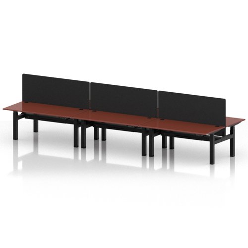 Air Back-to-Back 1600 x 800mm Height Adjustable 6 Person Office Bench Desk Brick Red Top with Cable Ports Black Frame with Black Straight Screen