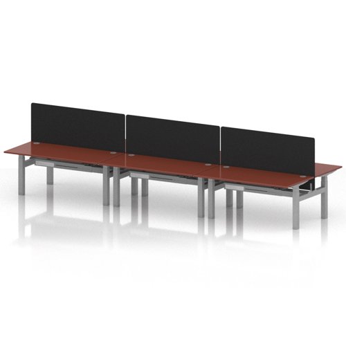 Air Back-to-Back 1600 x 800mm Height Adjustable 6 Person Office Bench Desk Brick Red Top with Cable Ports Silver Frame with Black Straight Screen