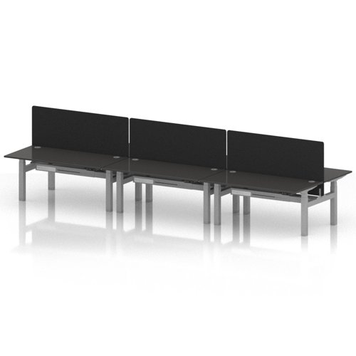 Air Back-to-Back 1600 x 800mm Height Adjustable 6 Person Office Bench Desk Carbon Grey Top with Cable Ports Silver Frame with Black Straight Screen