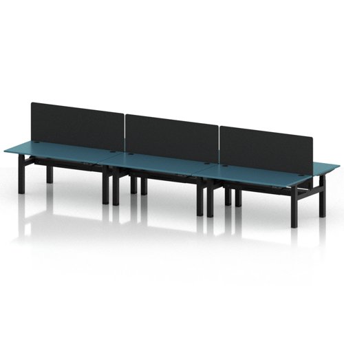 Air Back-to-Back 1600 x 800mm Height Adjustable 6 Person Office Bench Desk Dark Teal Top with Cable Ports Black Frame with Black Straight Screen
