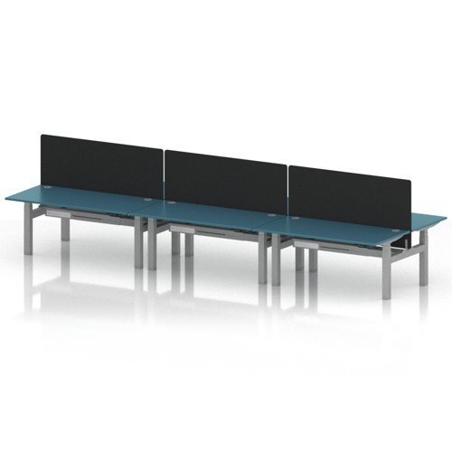 Air Back-to-Back 1600 x 800mm Height Adjustable 6 Person Office Bench Desk Dark Teal Top with Cable Ports Silver Frame with Black Straight Screen