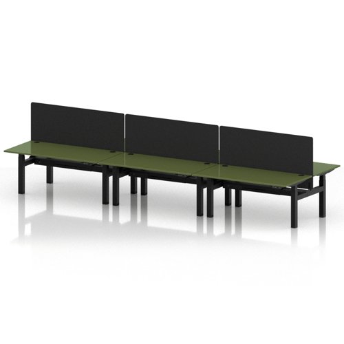 Air Back-to-Back 1600 x 800mm Height Adjustable 6 Person Office Bench Desk Moss Green Top with Cable Ports Black Frame with Black Straight Screen