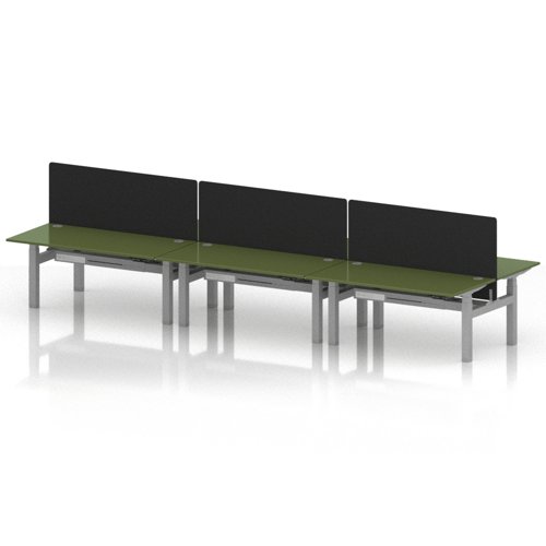 Air Back-to-Back 1600 x 800mm Height Adjustable 6 Person Office Bench Desk Moss Green Top with Cable Ports Silver Frame with Black Straight Screen