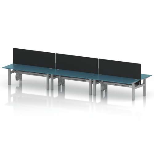 Air Back-to-Back 1800 x 800mm Height Adjustable 6 Person Office Bench Desk Dark Teal Top with Cable Ports Silver Frame with Black Straight Screen