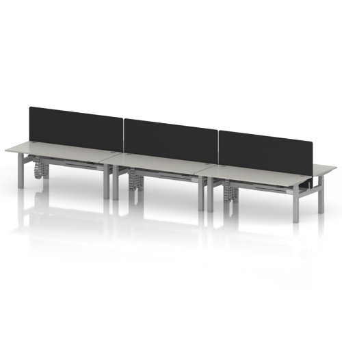 Air Back-to-Back 1800 x 800mm Height Adjustable 6 Person Office Bench Desk Dove Grey Top with Cable Ports Silver Frame with Black Straight Screen