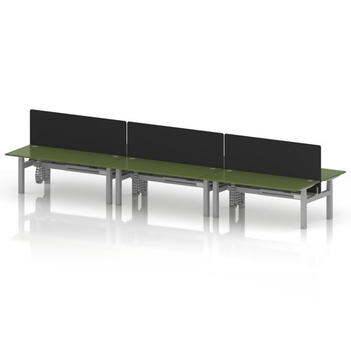 Air Back-to-Back 1800 x 800mm Height Adjustable 6 Person Office Bench Desk Moss Green Top with Cable Ports Silver Frame with Black Straight Screen