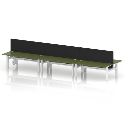 Air Back-to-Back 1800 x 800mm Height Adjustable 6 Person Office Bench Desk Moss Green Top with Cable Ports White Frame with Black Straight Screen