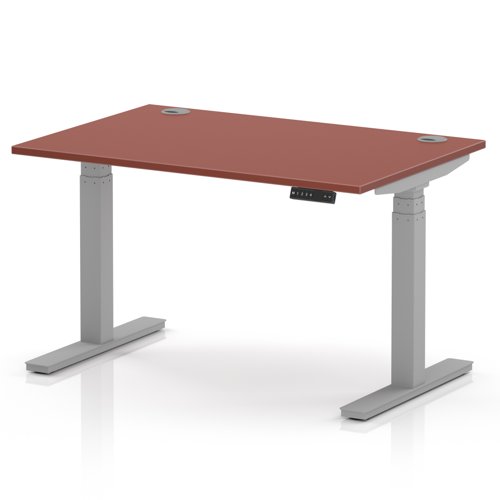 Air 1200 x 800mm Height Adjustable Office Desk Brick Red Top Cable Ports Silver Leg
