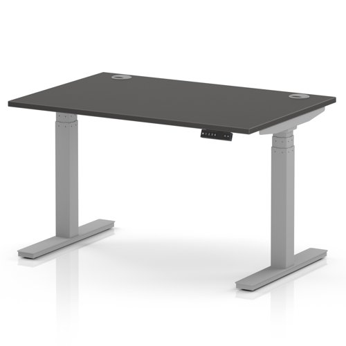 Air 1200 x 800mm Height Adjustable Office Desk Carbon Grey Top Cable Ports Silver Leg