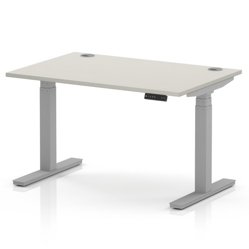 Air 1200 x 800mm Height Adjustable Office Desk Dove Grey Top Cable Ports Silver Leg