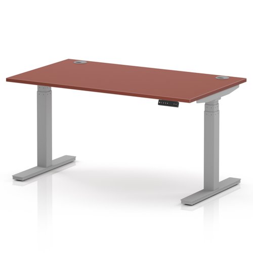 Air 1400 x 800mm Height Adjustable Office Desk Brick Red Top Cable Ports Silver Leg