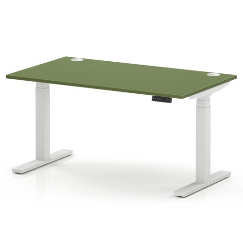 Air 1400 x 800mm Height Adjustable Office Desk Moss Green Top Cable Ports White Leg