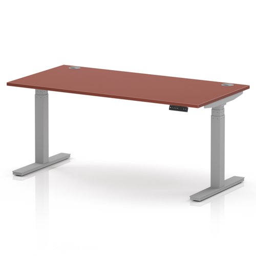 Air 1600 x 800mm Height Adjustable Office Desk Brick Red Top Cable Ports Silver Leg