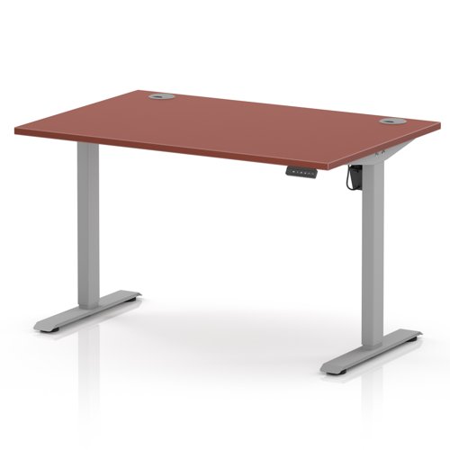 Air Lite 1200 x 800mm Height Adjustable Office Desk Brick Red Top Cable Ports Silver Leg