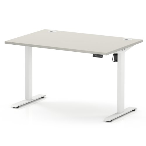 Air Lite 1200 x 800mm Height Adjustable Office Desk Dove Grey Top Cable Ports White Leg