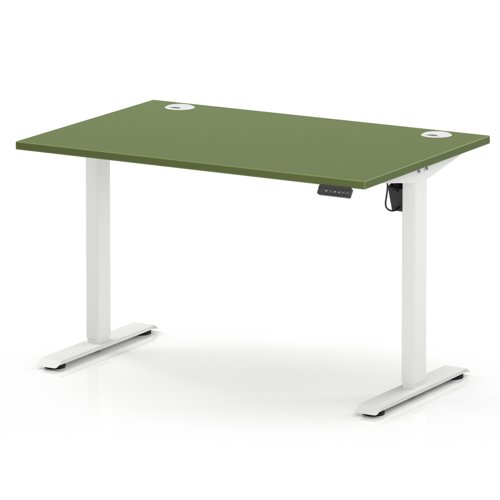 Air Lite 1200 x 800mm Height Adjustable Office Desk Moss Green Top Cable Ports White Leg