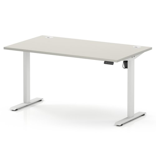 Air Lite 1400 x 800mm Height Adjustable Office Desk Dove Grey Top Cable Ports White Leg