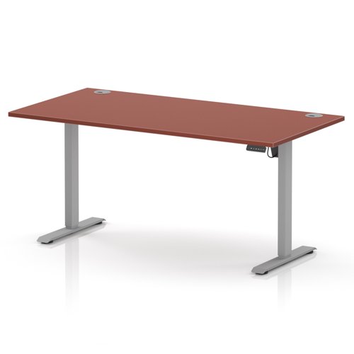 Air Lite 1600 x 800mm Height Adjustable Office Desk Brick Red Top Cable Ports Silver Leg
