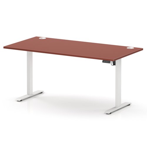 Air Lite 1600 x 800mm Height Adjustable Office Desk Brick Red Top Cable Ports White Leg