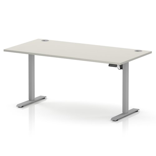 Air Lite 1600 x 800mm Height Adjustable Office Desk Dove Grey Top Cable Ports Silver Leg