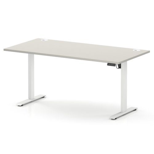 Air Lite 1600 x 800mm Height Adjustable Office Desk Dove Grey Top Cable Ports White Leg