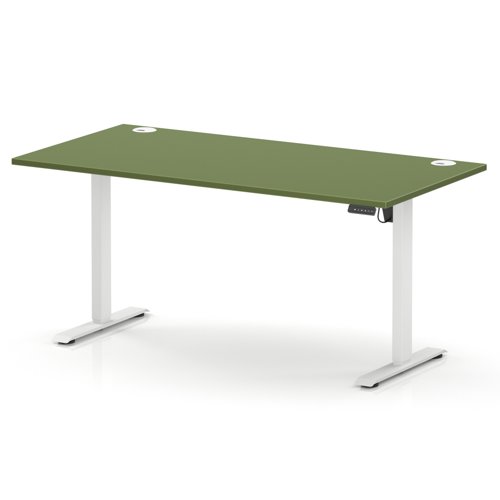 Air Lite 1600 x 800mm Height Adjustable Office Desk Moss Green Top Cable Ports White Leg