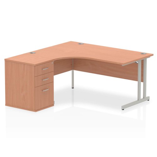 Dynamic Impulse 1600mm Left Crescent Desk Beech Top Silver Cantilever Leg Workstation 600mm Deep Desk High Pedestal Bundle I000537