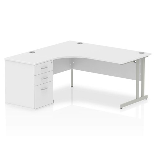 Dynamic Impulse 1600mm Left Crescent Desk White Top Silver Cantilever Leg Workstation 600mm Deep Desk High Pedestal Bundle I000538