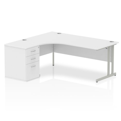 Dynamic Impulse 1800mm Left Crescent Desk White Top Silver Cantilever Leg Workstation 600mm Deep Desk High Pedestal Bundle I000542