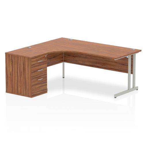 Dynamic Impulse 1800mm Left Crescent Desk Walnut Top Silver Cantilever Leg Workstation 600mm Deep Desk High Pedestal Bundle I000543