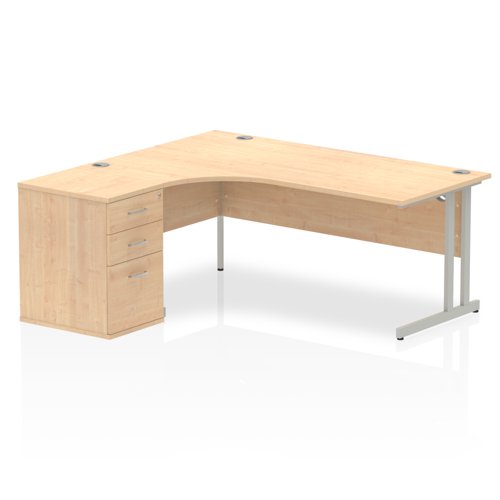 Dynamic Impulse 1800mm Left Crescent Desk Maple Top Silver Cantilever Leg Workstation 600mm Deep Desk High Pedestal Bundle I000544