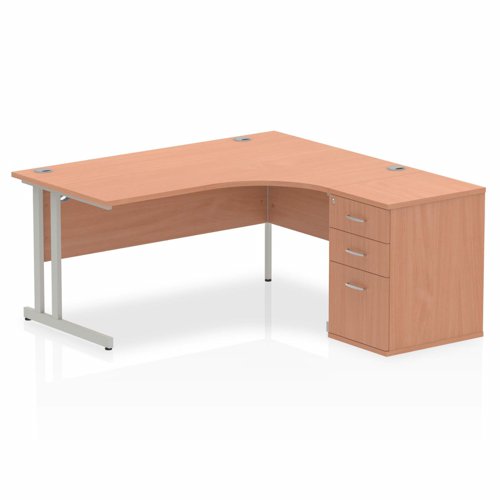 Dynamic Impulse 1600mm Right Crescent Desk Beech Top Silver Cantilever Leg Workstation 600mm Deep Desk High Pedestal Bundle I000549