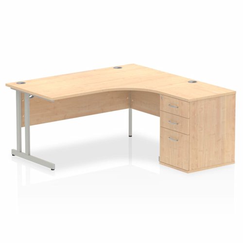 Dynamic Impulse 1600mm Right Crescent Desk Maple Top Silver Cantilever Leg Workstation 600mm Deep Desk High Pedestal Bundle I000552