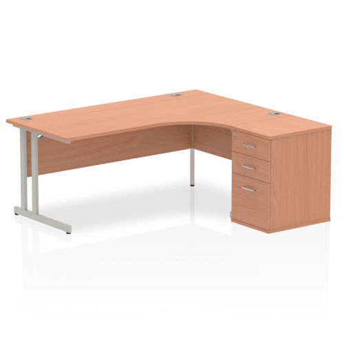 Dynamic Impulse 1800mm Right Crescent Desk Beech Top Silver Cantilever Leg Workstation 600mm Deep Desk High Pedestal Bundle I000553