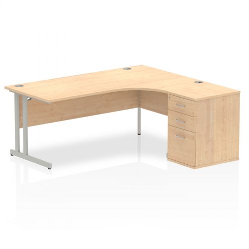 Dynamic Impulse 1800mm Right Crescent Desk Maple Top Silver Cantilever Leg Workstation 600mm Deep Desk High Pedestal Bundle I000556