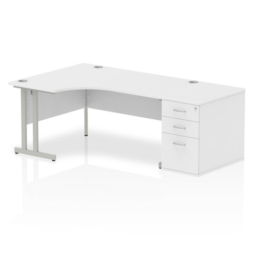Dynamic Impulse 1600mm Left Crescent Desk White Top Silver Cantilever Leg Workstation 800mm Deep Desk High Pedestal Bundle I000562