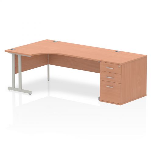 Dynamic Impulse 1800mm Left Crescent Desk Beech Top Silver Cantilever Leg Workstation 800mm Deep Desk High Pedestal Bundle I000565
