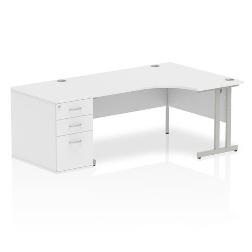 Dynamic Impulse 1600mm Right Crescent Desk White Top Silver Cantilever Leg Workstation 800mm Deep Desk High Pedestal Bundle I000574